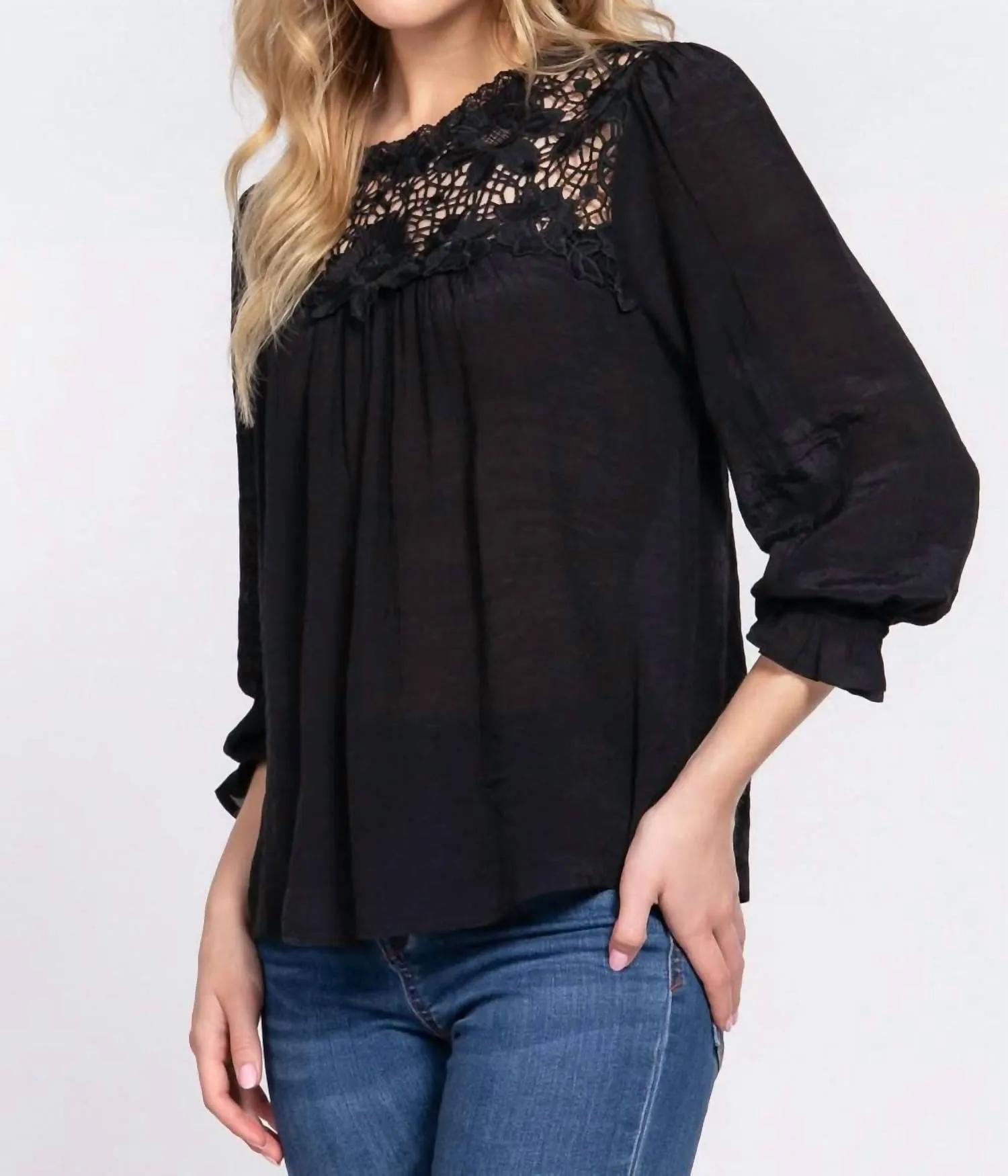 Active Basic - Crochet Lace Panel Flounce Sleeve Blouse