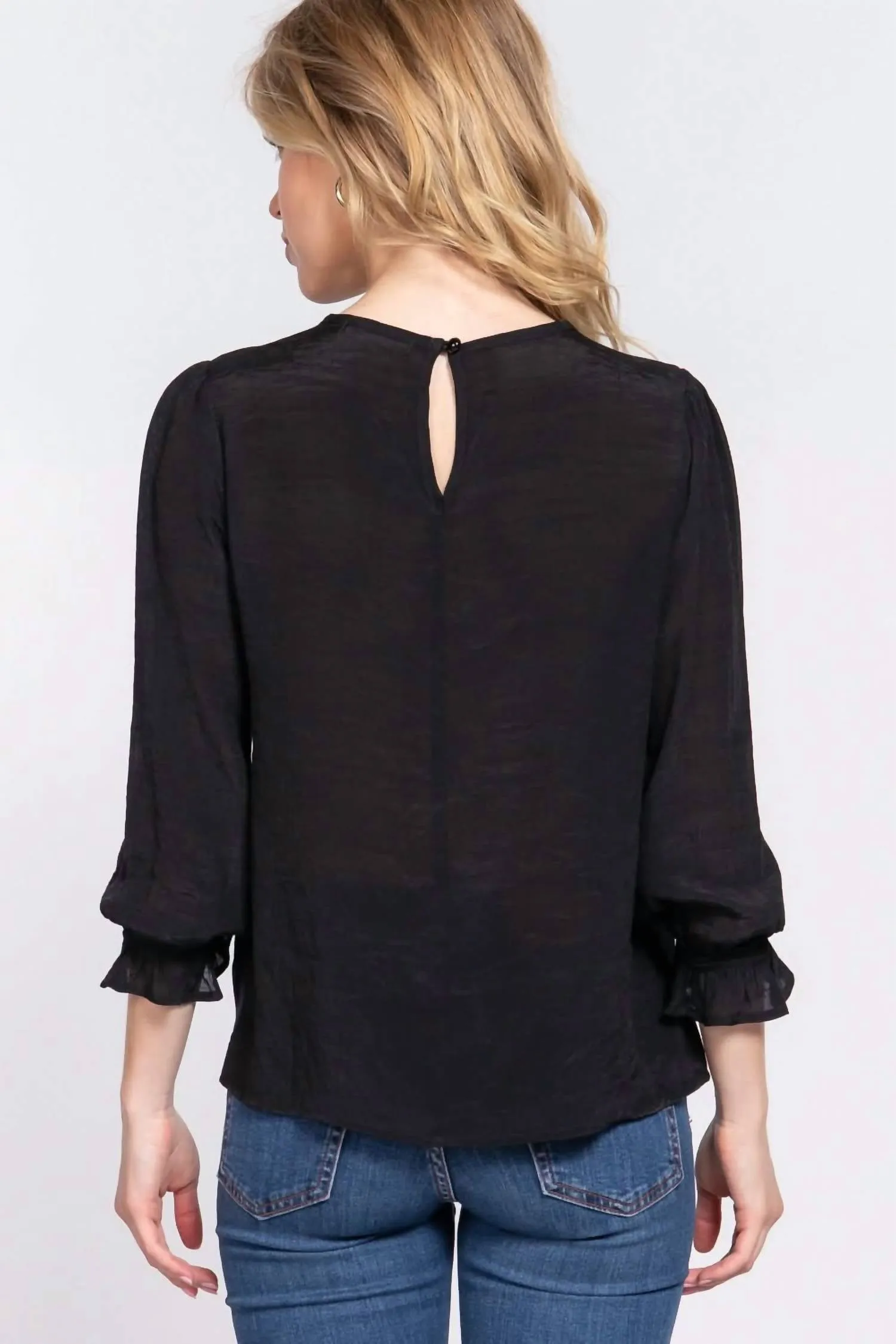 Active Basic - Crochet Lace Panel Flounce Sleeve Blouse
