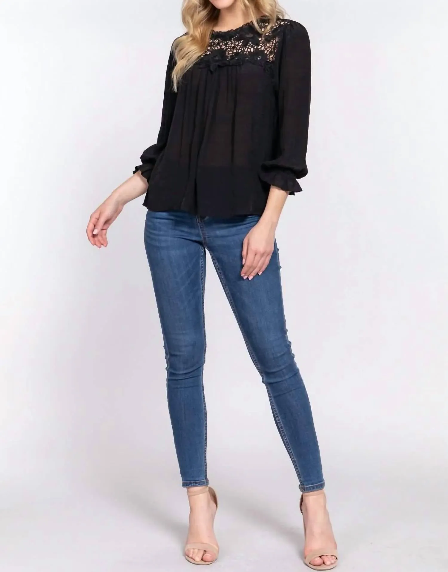 Active Basic - Crochet Lace Panel Flounce Sleeve Blouse