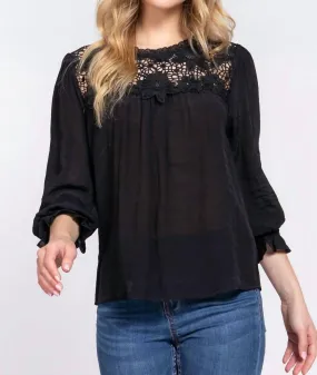Active Basic - Crochet Lace Panel Flounce Sleeve Blouse