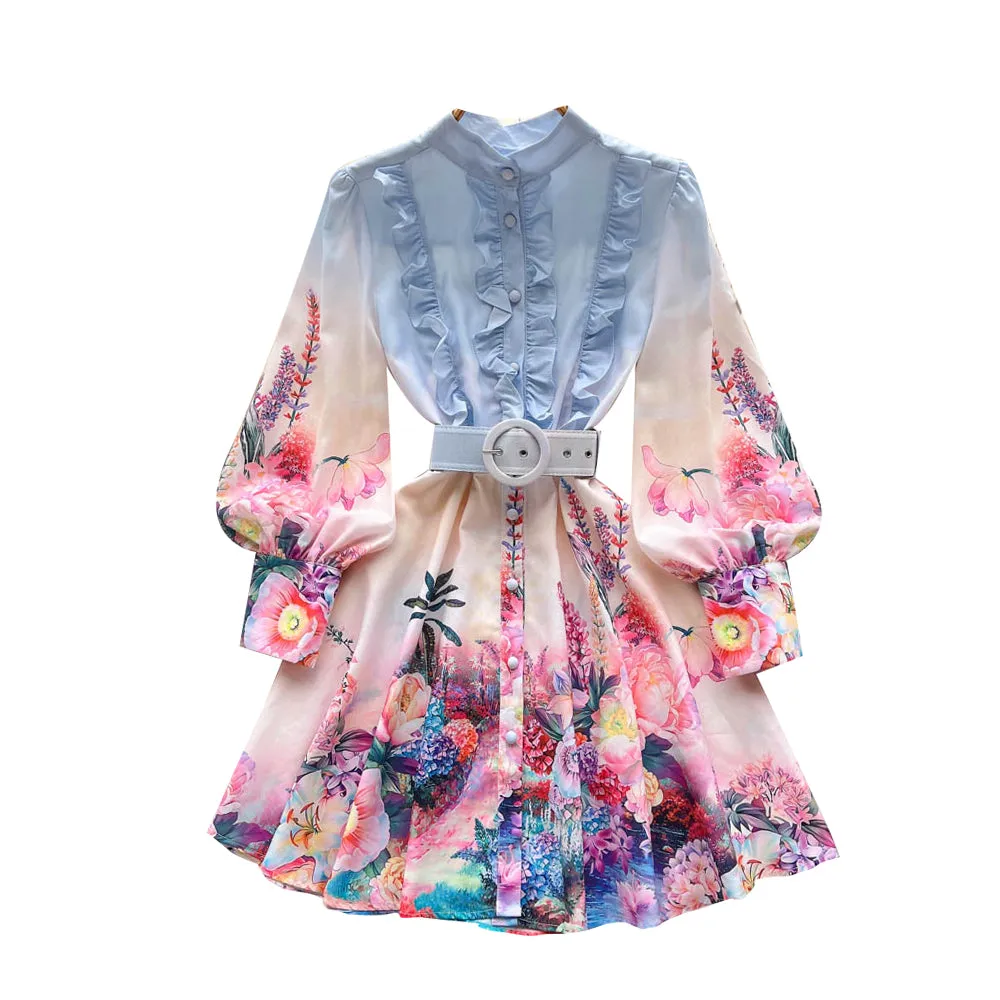 Colorful Floral Ruffle Shirt Dress