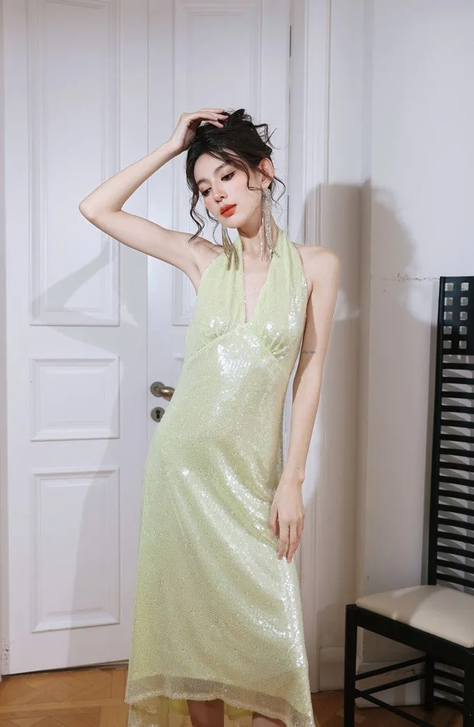 DOLLY Luxury Lemon Yellow Sequin Halter Neck Backless Short Birthday Dress-NELLIE