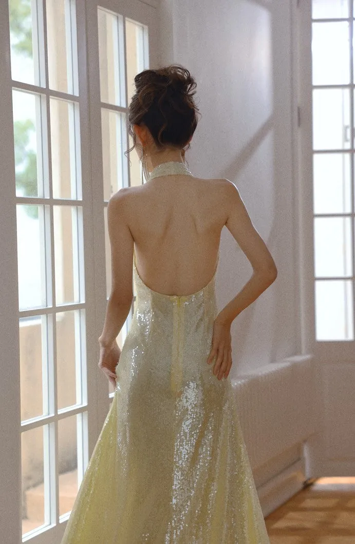 DOLLY Luxury Lemon Yellow Sequin Halter Neck Backless Short Birthday Dress-NELLIE
