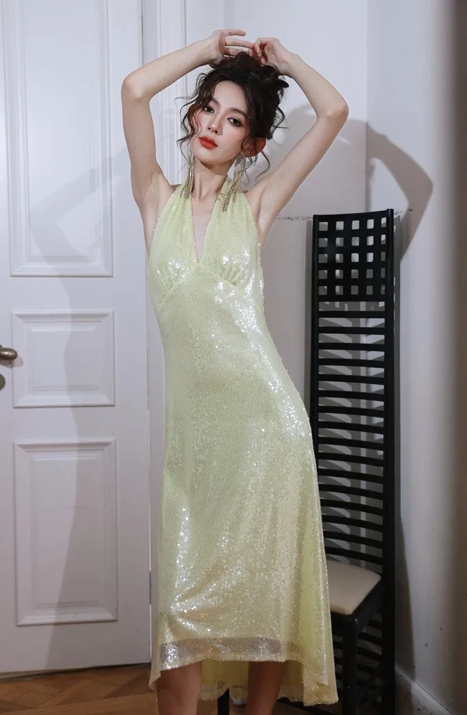 DOLLY Luxury Lemon Yellow Sequin Halter Neck Backless Short Birthday Dress-NELLIE