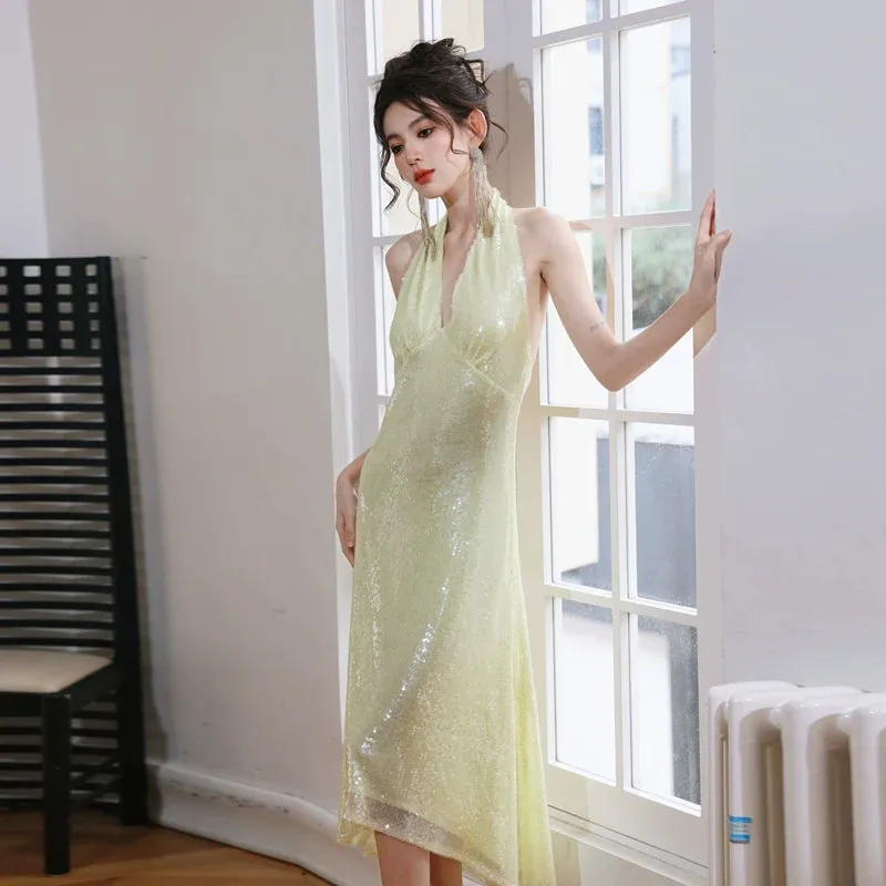 DOLLY Luxury Lemon Yellow Sequin Halter Neck Backless Short Birthday Dress-NELLIE
