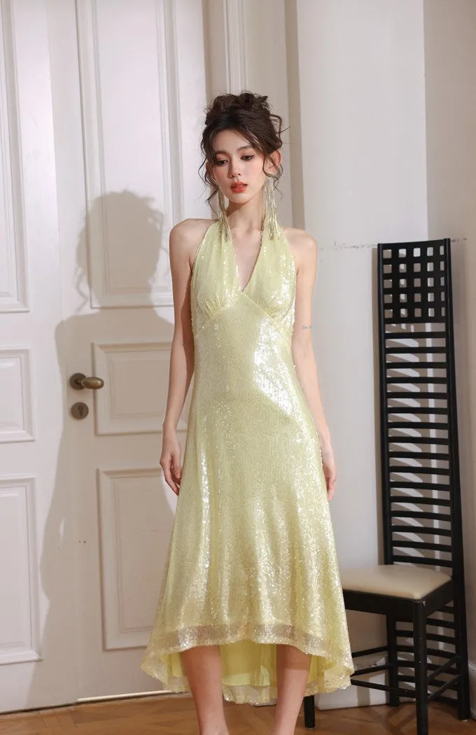 DOLLY Luxury Lemon Yellow Sequin Halter Neck Backless Short Birthday Dress-NELLIE