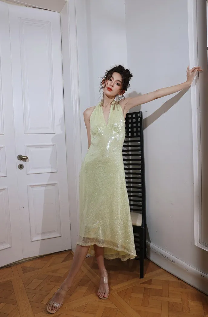 DOLLY Luxury Lemon Yellow Sequin Halter Neck Backless Short Birthday Dress-NELLIE