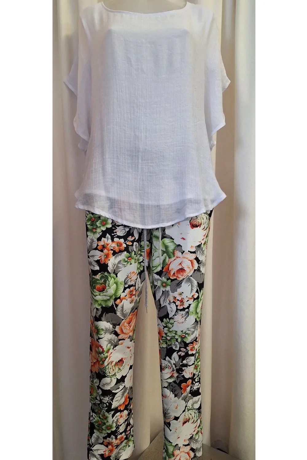 Italian Stretch Pants - Black, Orange & Green flowers