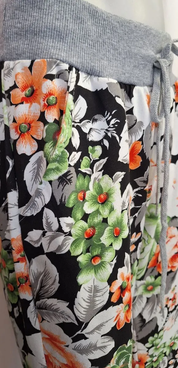 Italian Stretch Pants - Black, Orange & Green flowers