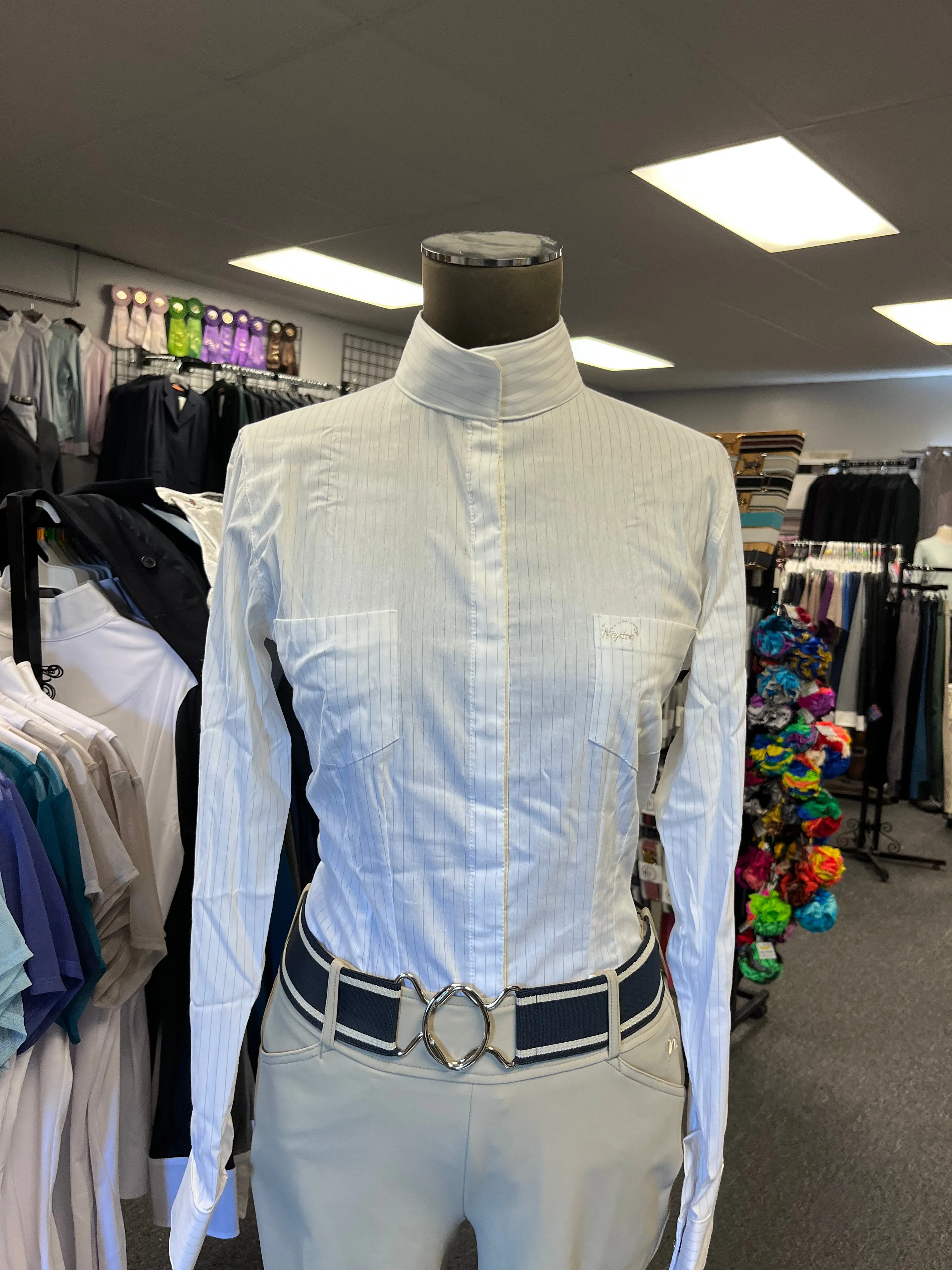 Paris Long Sleeve Show Shirt Grey Satin Stripe - Ladies