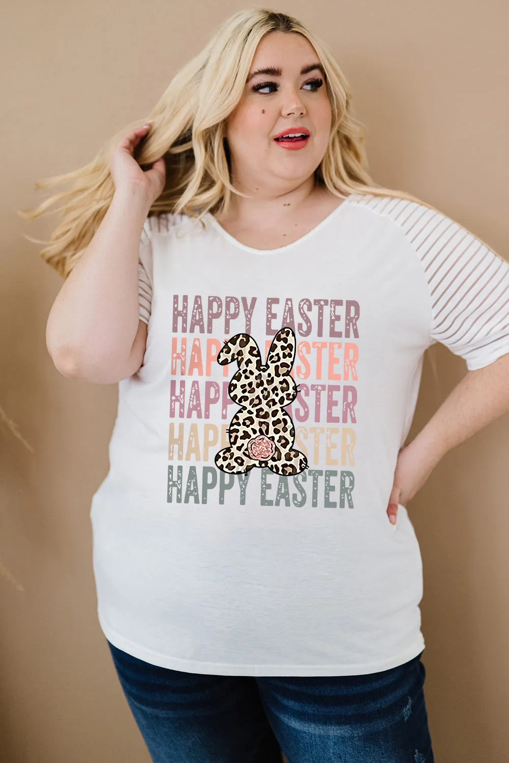 Plus Size Happy Easter T Shirt Leopard Bunny Graphic Short Sleeve Tops