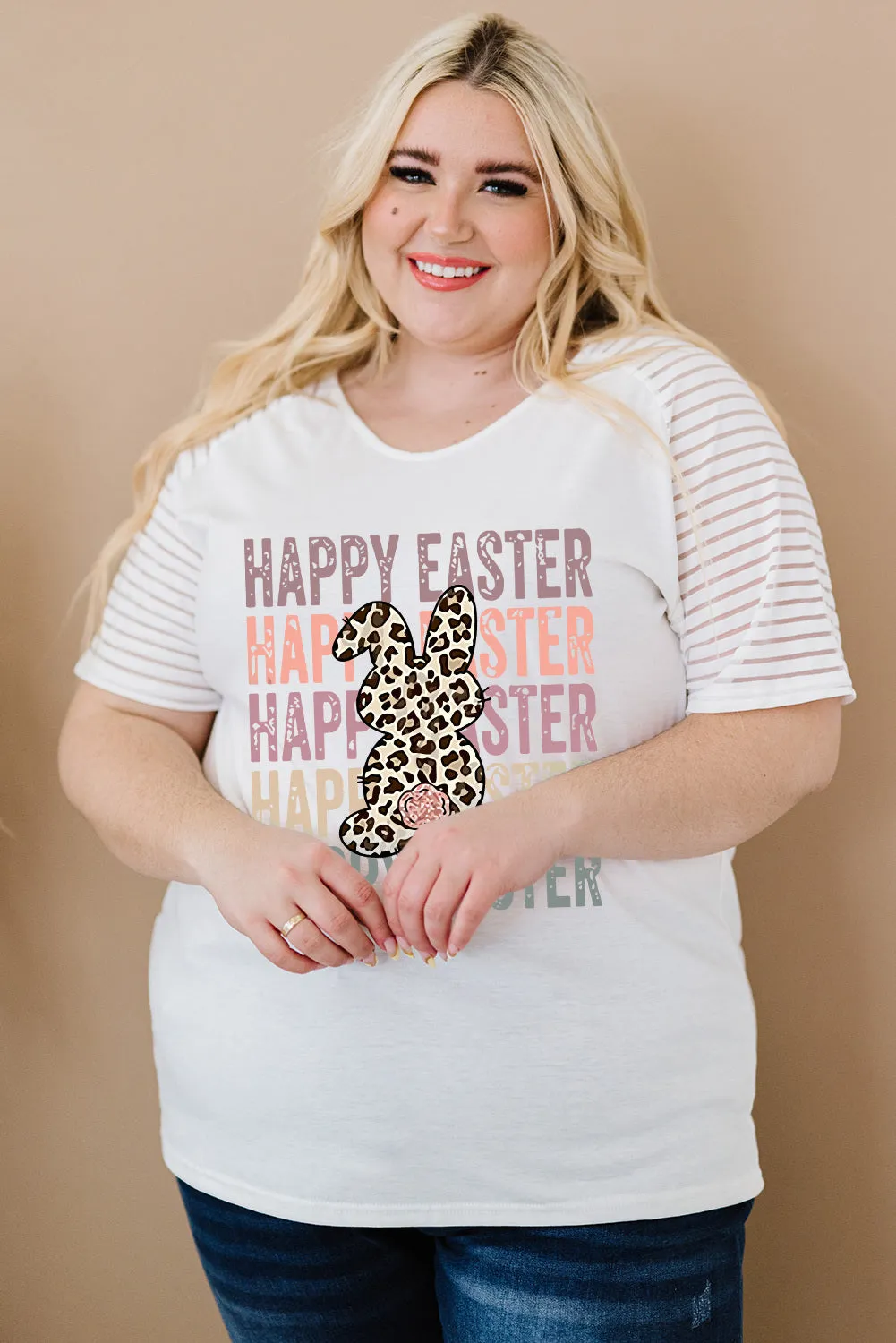 Plus Size Happy Easter T Shirt Leopard Bunny Graphic Short Sleeve Tops