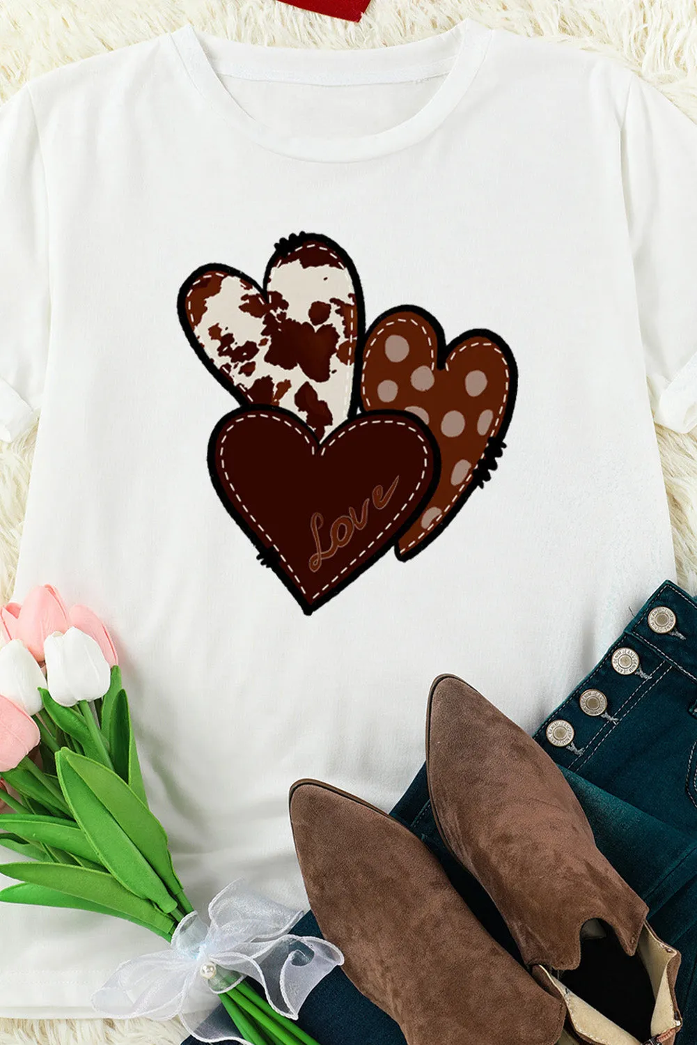 Womens Love Heart Print Western T-shirt Graphic Valentine's Day Tees Tops