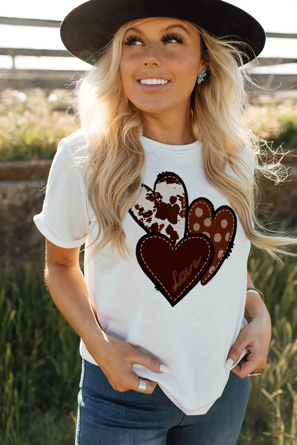 Womens Love Heart Print Western T-shirt Graphic Valentine's Day Tees Tops