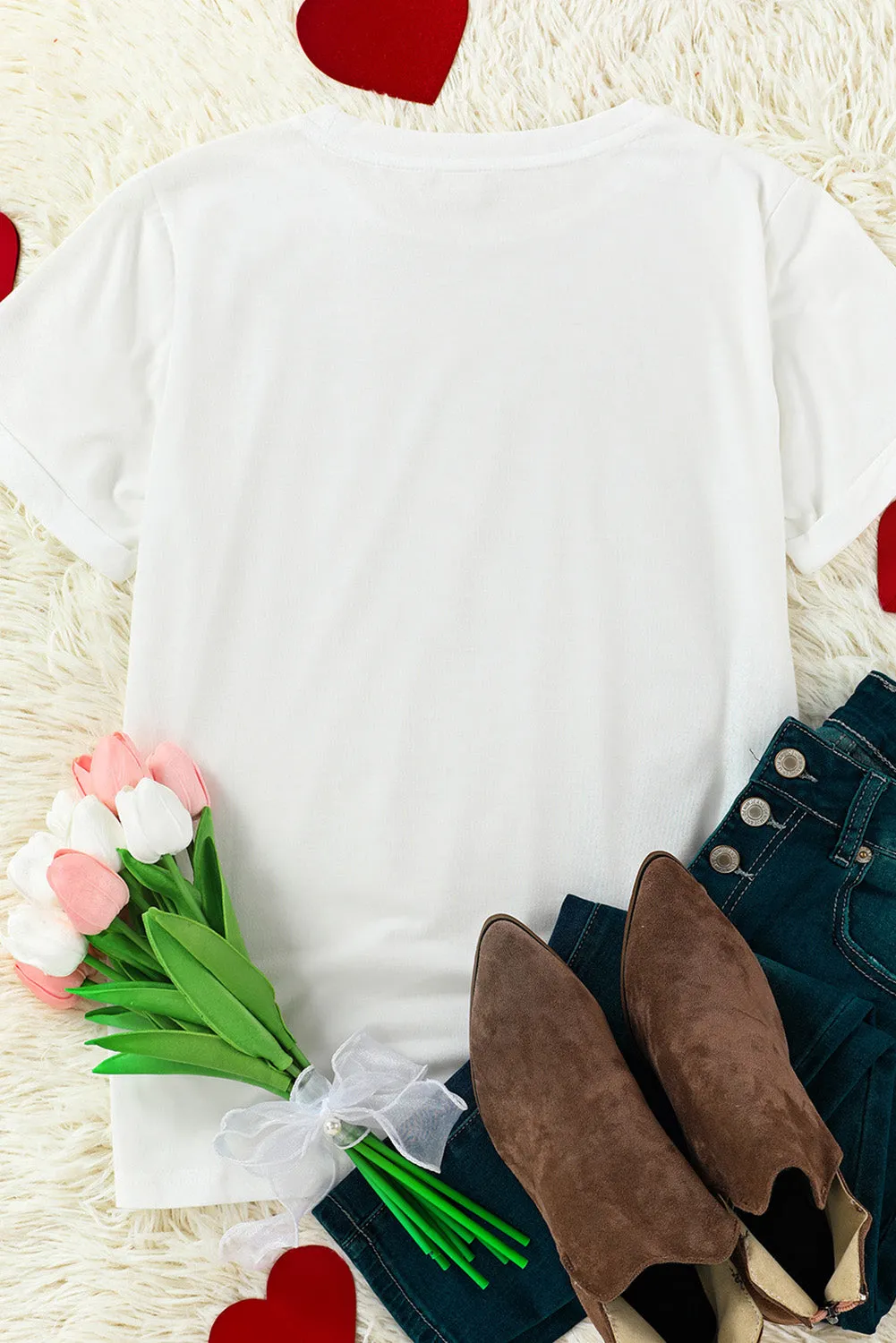 Womens Love Heart Print Western T-shirt Graphic Valentine's Day Tees Tops