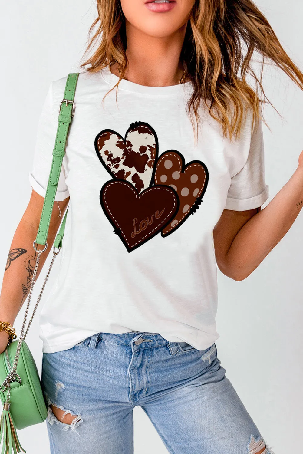 Womens Love Heart Print Western T-shirt Graphic Valentine's Day Tees Tops