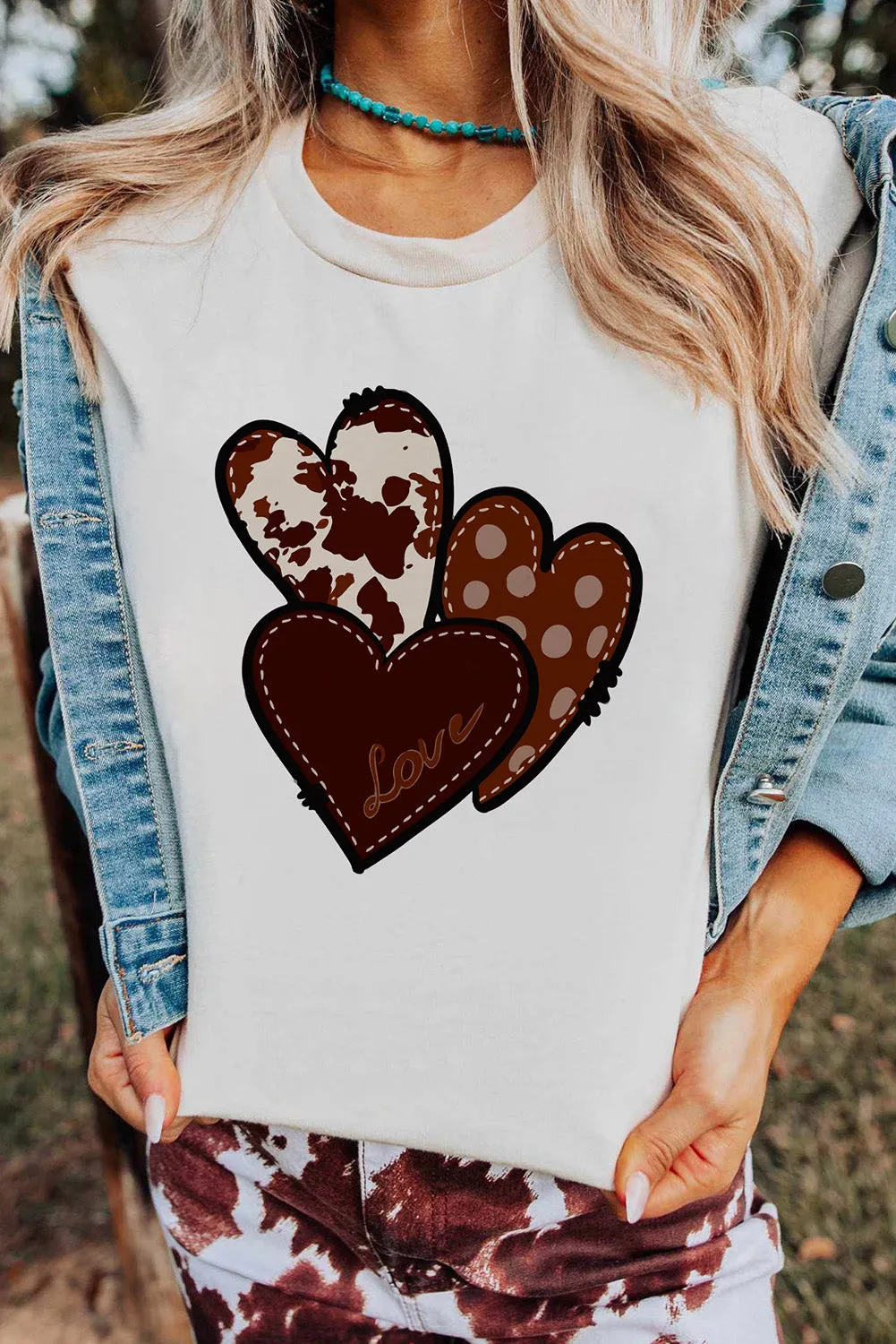 Womens Love Heart Print Western T-shirt Graphic Valentine's Day Tees Tops