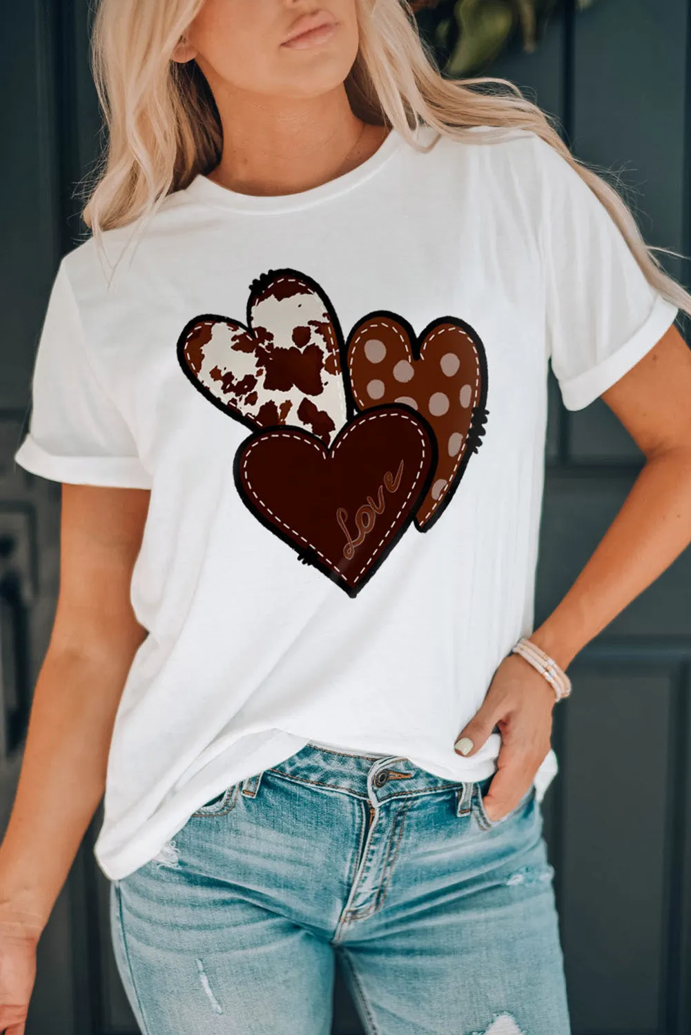 Womens Love Heart Print Western T-shirt Graphic Valentine's Day Tees Tops