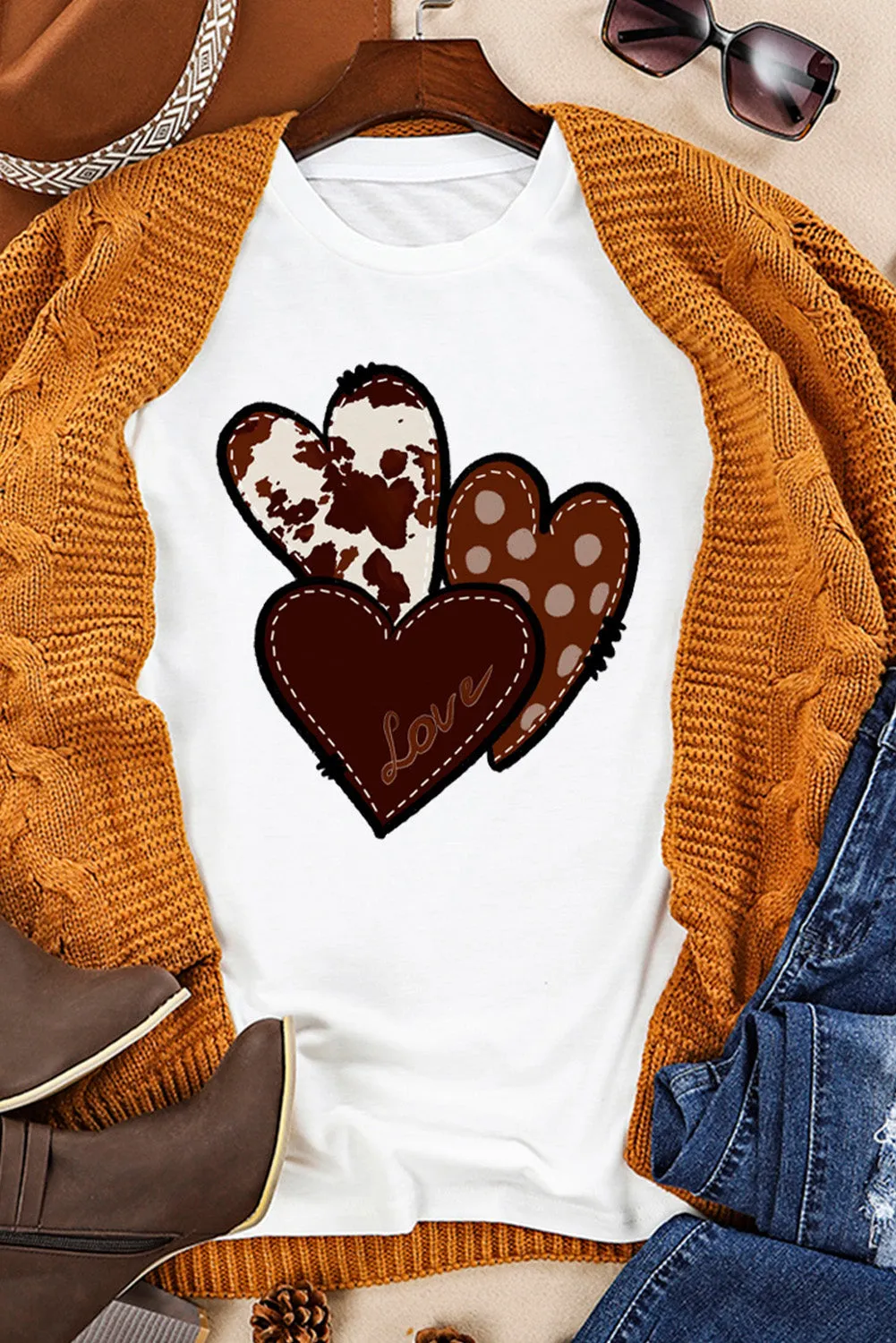 Womens Love Heart Print Western T-shirt Graphic Valentine's Day Tees Tops