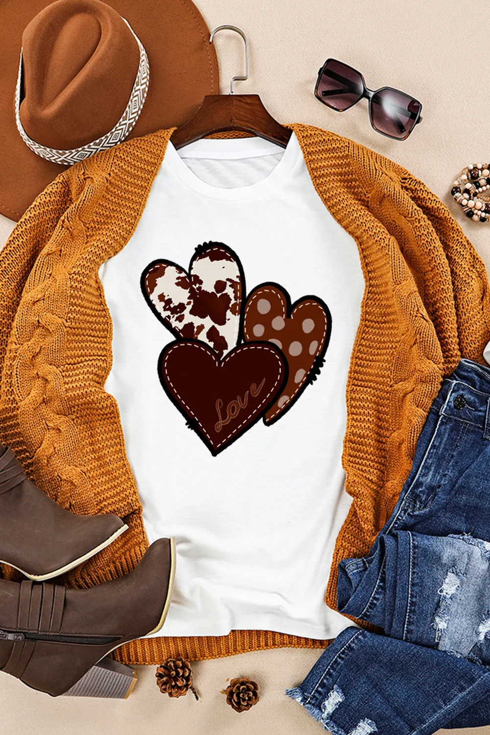 Womens Love Heart Print Western T-shirt Graphic Valentine's Day Tees Tops