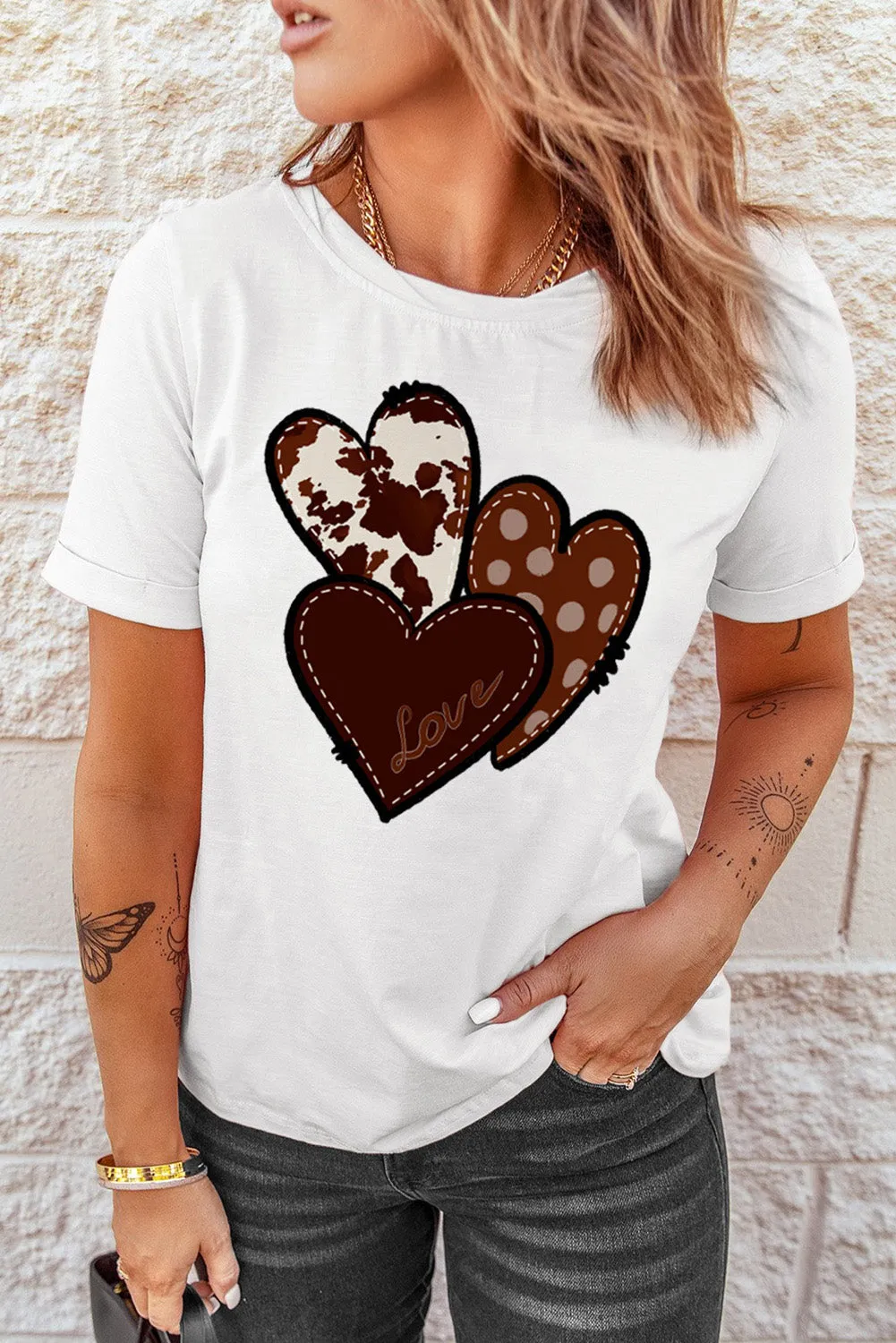 Womens Love Heart Print Western T-shirt Graphic Valentine's Day Tees Tops