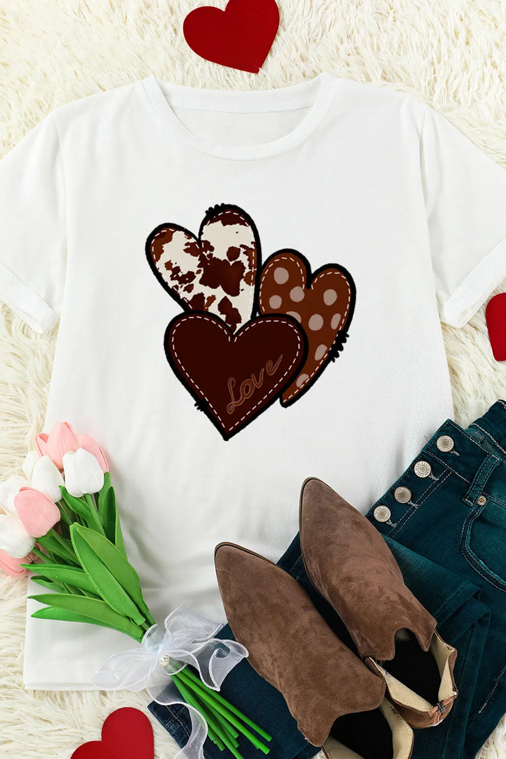 Womens Love Heart Print Western T-shirt Graphic Valentine's Day Tees Tops